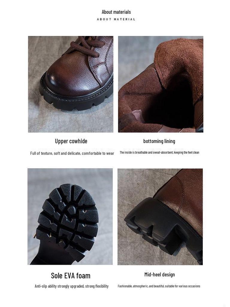 Dámské vintage kotníkové boty z hovězí kůže s měkkou podrážkou a širokou špičkou, plus sametová bavlna na podzim.