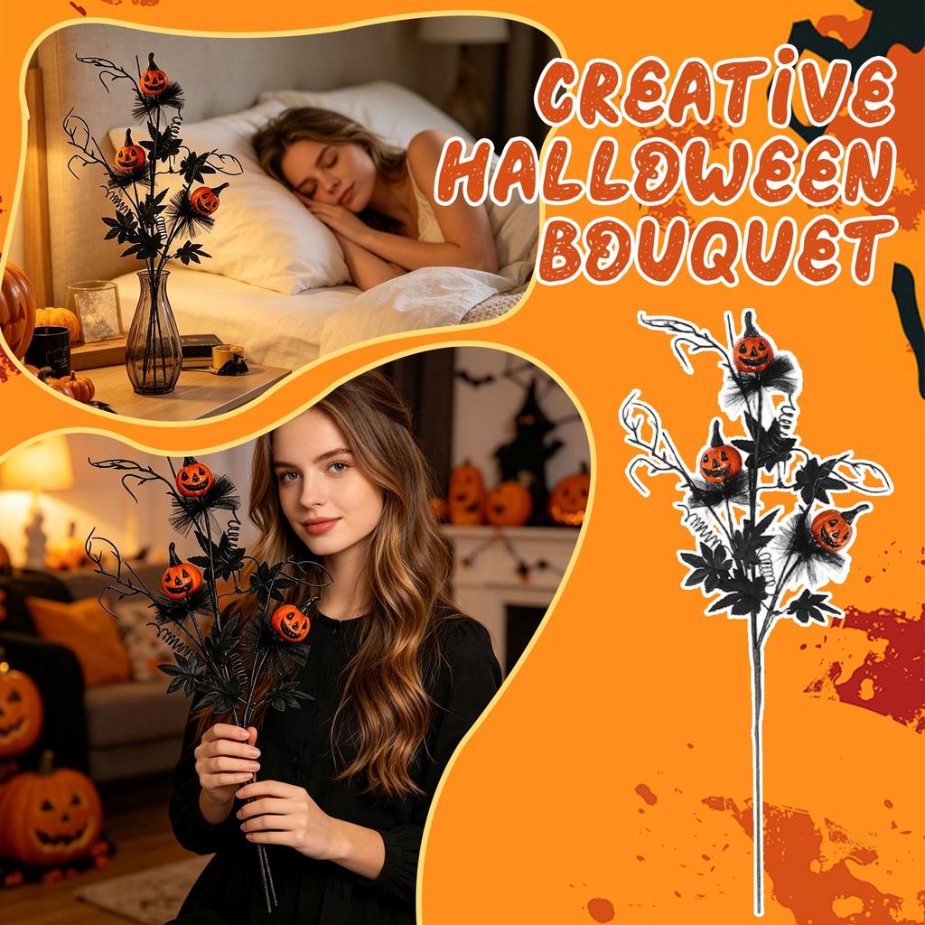 Halloween Decoration Black Scary Pumpkin Branch Bouquet - 2 Pack for Home Decor