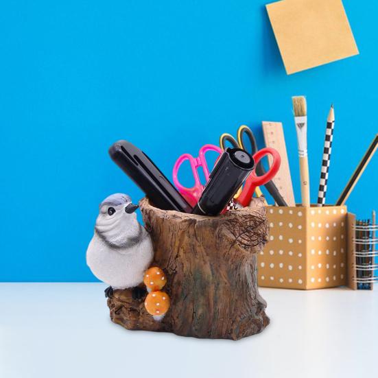 Simulated Bird Pen Holder Resin Stump Bird Stationery Pencil Stand