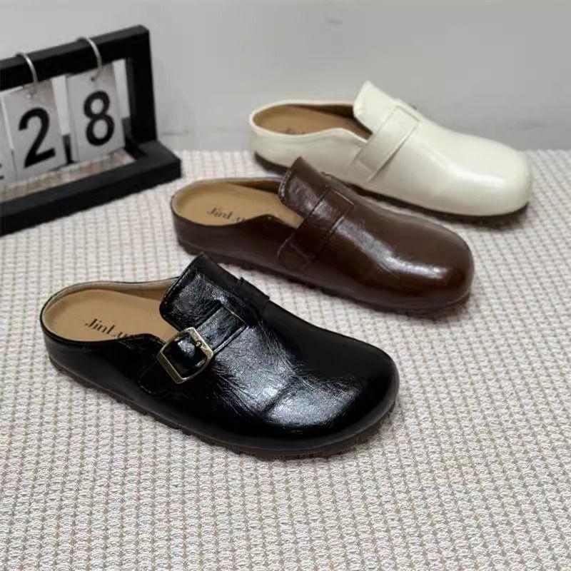 Flat-bottomed Bag Head, Half Slippers, Women's Outer Wear, Spring 2025 New Retro Flat-bottomed Lazy Black One-pedal Muller Shoes