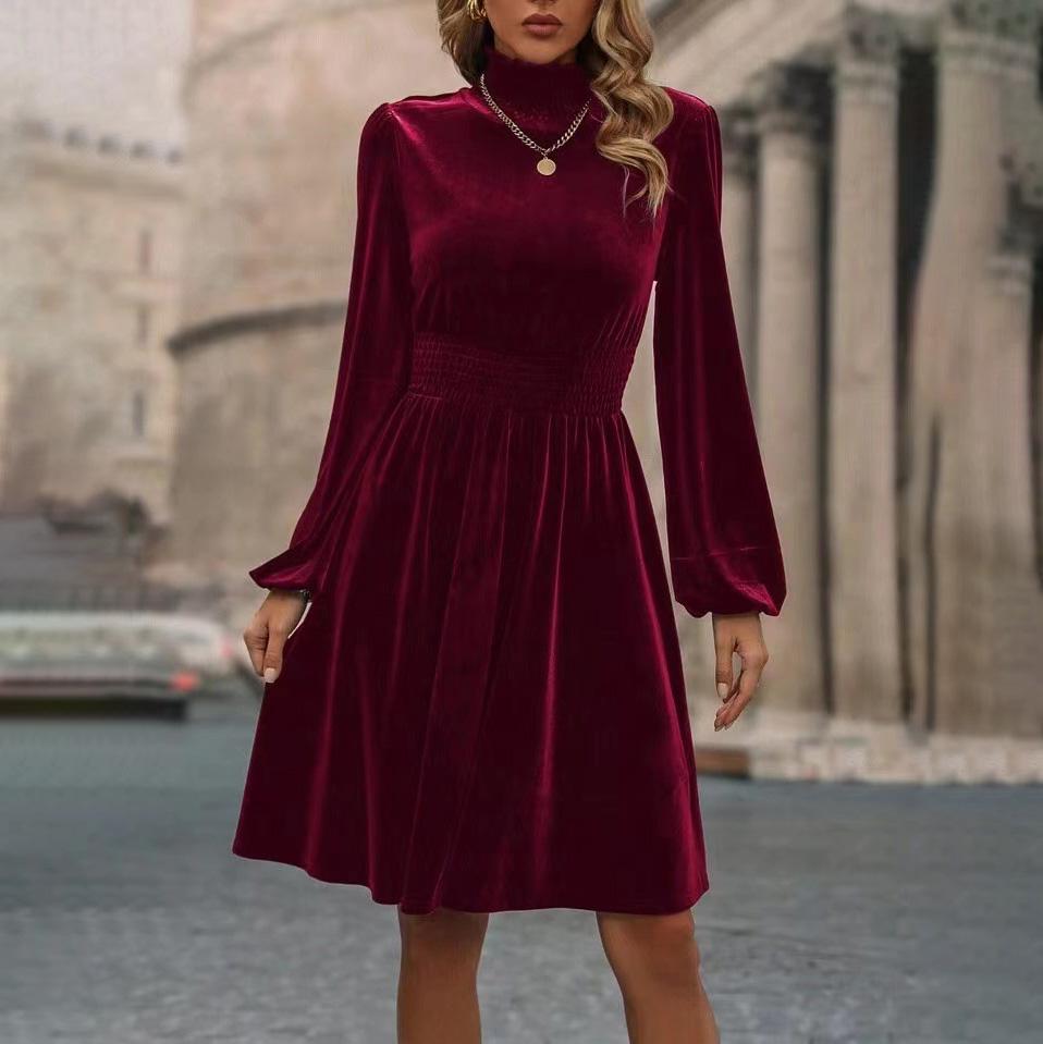 

Женское весеннее платье с длинными рукавами-фонариками, однотонным воротником-стойкой, повседневное платье А-силуэта длиной до колена с высокой талией из бархата M бордовый