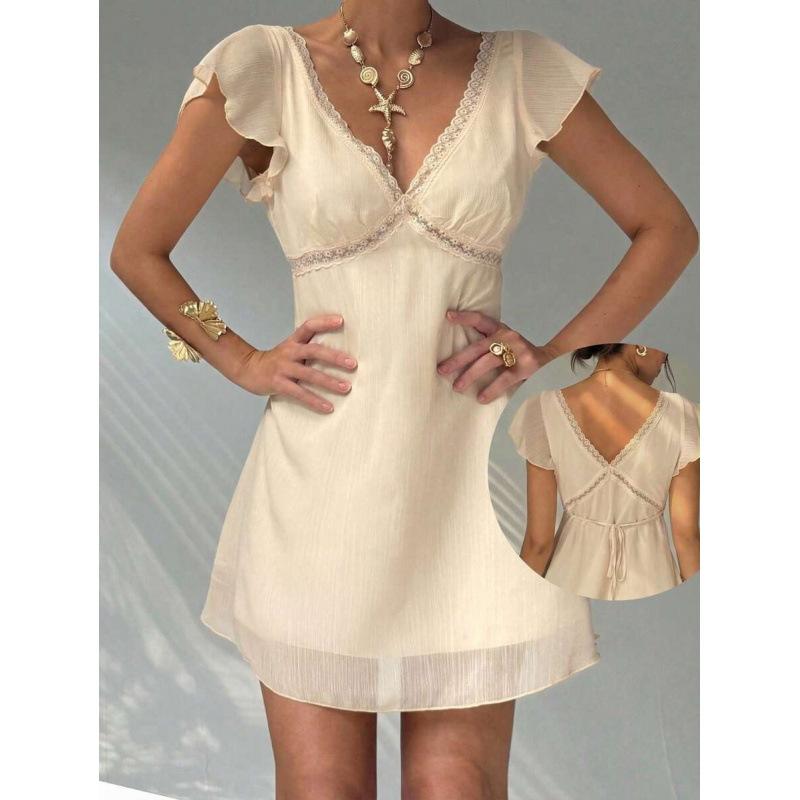 European summer new French temperament age-reducing elegant solid color splicing lace V-neck dress XS бежевый