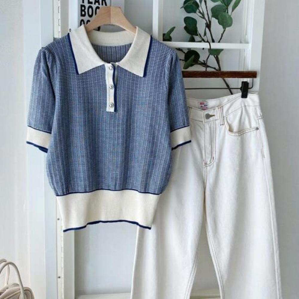New ArrivalS Open Run Women S Puff Sleeve STripe KniT Two Tone T ShirT