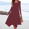 Women's Casual Fashion Round Neck Long Sleeve Solid Color Irregular Hem Midi Dress
