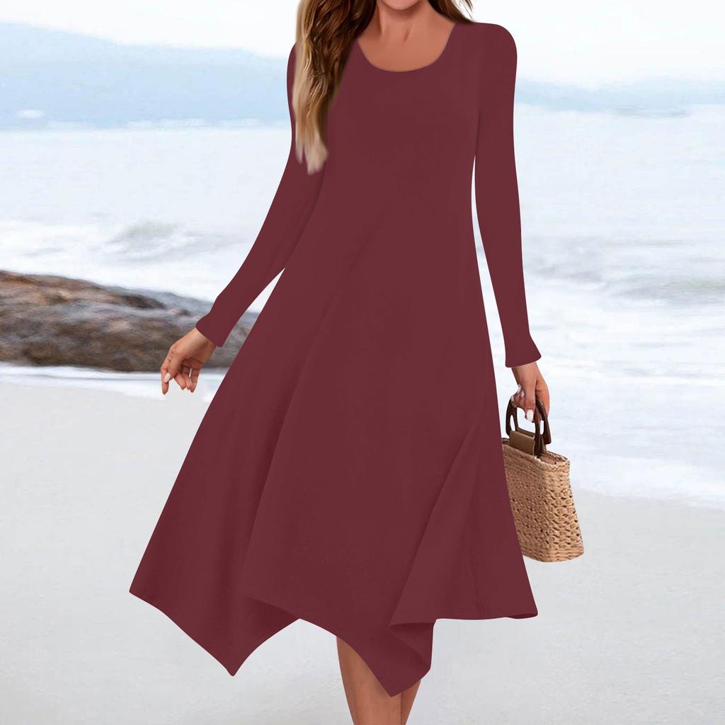 Women's Casual Fashion Round Neck Long Sleeve Solid Color Irregular Hem Midi Dress