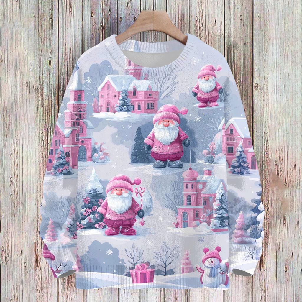 Ladies' Fashionable And Casual Christmas Cute Printed Round Neck Long Sleeved Knitted Yarn