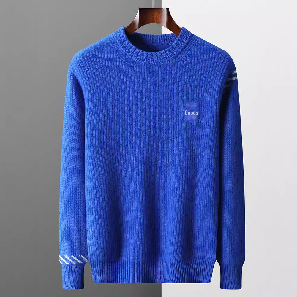 Men's 100% Wool Round Neck Sweater - Thickened, Fashionable, Casual Loose Fit for Teens, Solid Color Knitted Design.