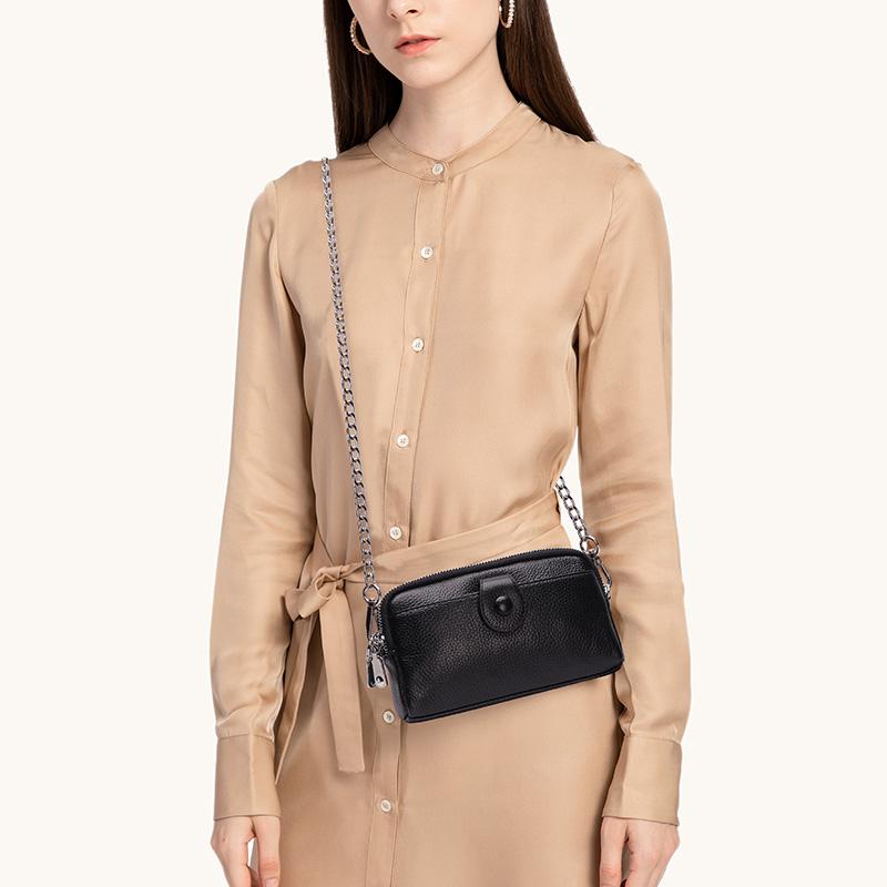 Genuine Leather Women Long Wallet Ladies Clutch Purses Double Deck Zipper Wrist Bag Female Sling Bag Chain Phone Crossbody Bags