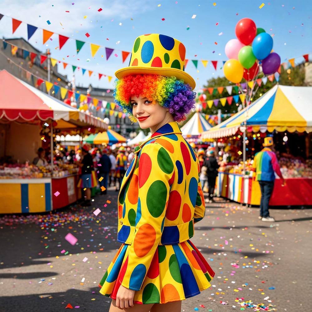 Colorful Afro Clown Wig Top Hat Set Funny Polka Dot Print High Hat Kinky Curly Wig Carnival