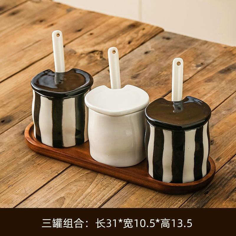 Vintage Ceramic Striped Hand Painted Spice Jars Set with Spoon Kitchen Storage Containers