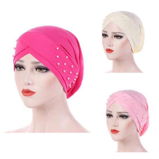 Hat Solid Color Beads Women Elastic Head Wrap Cap for Daily Life