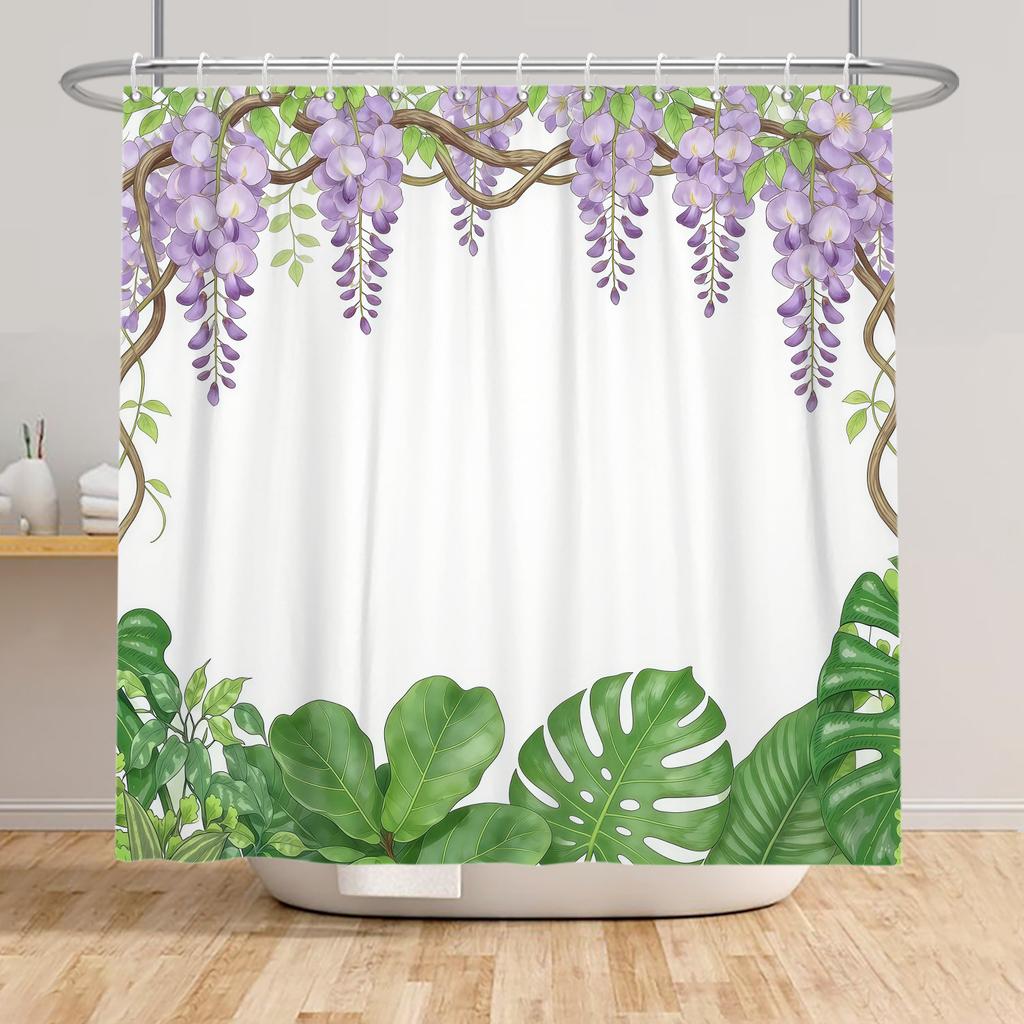 Badezimmer-Duschvorhang mit tropischem Pflanzenmotiv Grüne Blätter Lila Blumen Dekoration Wasserdichter Badezimmervorhang mit Haken