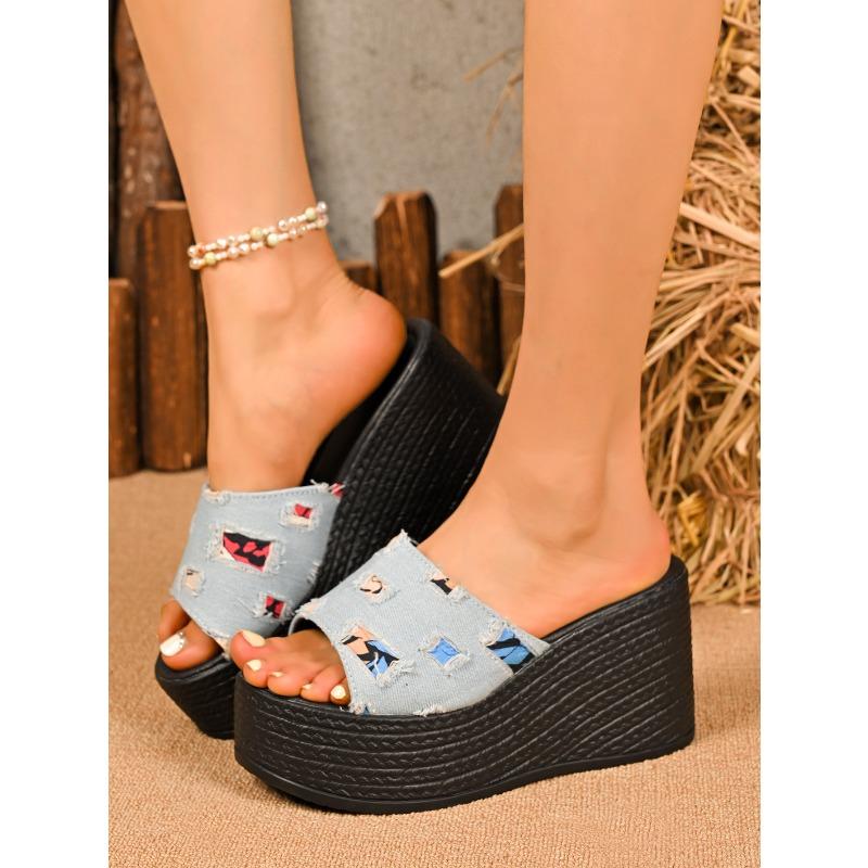 Plus Size 36-43 Casual Denim Strappy Sandals for Women 2025 Spring New Arrival Wedge Sandals