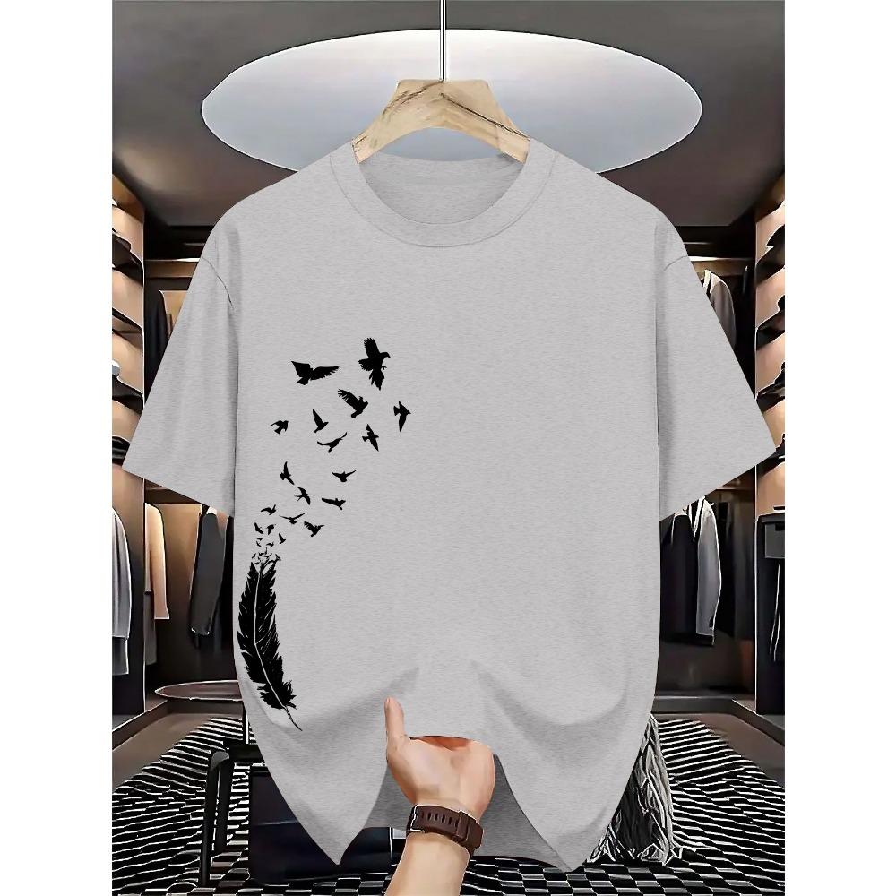 Men's 100% pure cotton summer casual loose fashion bird creative pattern printed round neck T-shirt versatile top