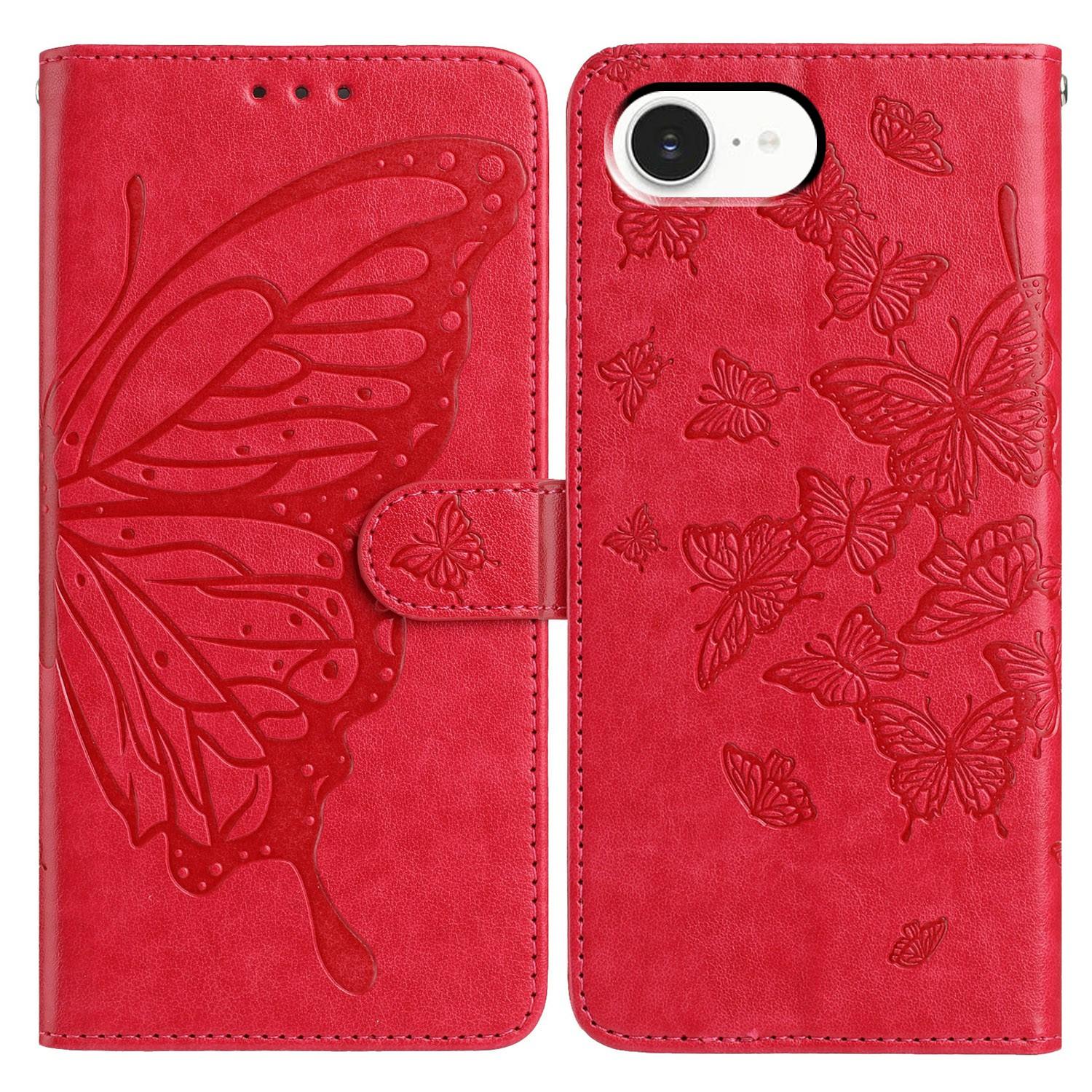 

For iPhone 16e Case Butterfly Imprinted Wallet Stand PU Leather Flip Phone Cover with Strap Red