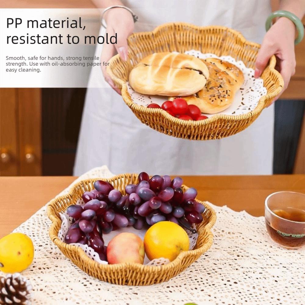 Round Base Imitation Rattan Basket Flower Shape Woven Bread Plate Fruit Serving Tray Living Room