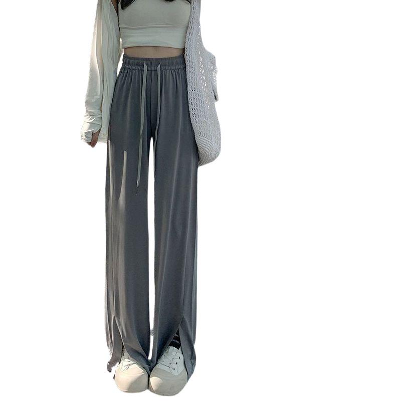 Plus Size Women's High-Waisted Wide-Leg Ice Silk Summer Pants with Split Drape and Sun Protection.