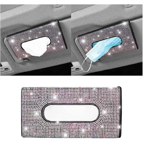 Bling Car Sun Visor Tissue Box Holder, Rhinestone PU Leather Crystal Sparkling Napkin Holder, Backseat Paper Towel Cover Case Car Accessories for