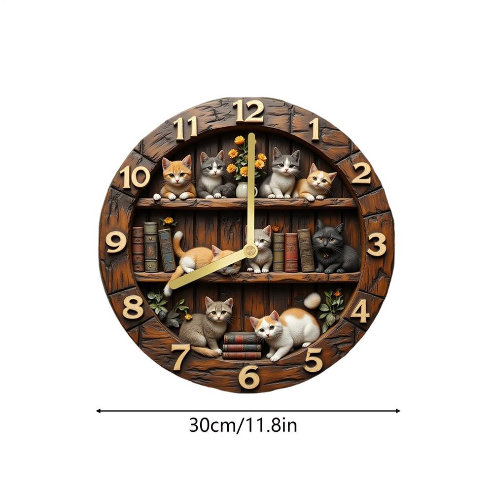 

Wall Clock 11.81 Inch Cat Theme Wooden Decoration Bedroom Wall Clock for Home Living Room Bedroom Farmhouse Bar Office Library