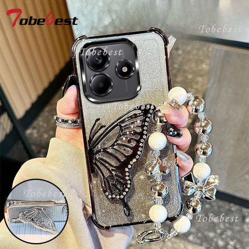 Wstrząsoodporne Platerowane Brokatowe Etui Bransoletka Motyl dla Xiaomi Redmi Note 14 13 12 11 10 9 9S Pro Plus 4G 5G Silikonowe Etui