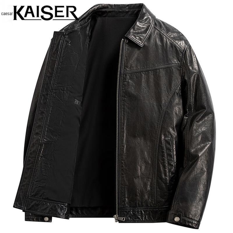 KAISER Men's Genuine Cowhide Lapel Collar Biker Leather Jacket