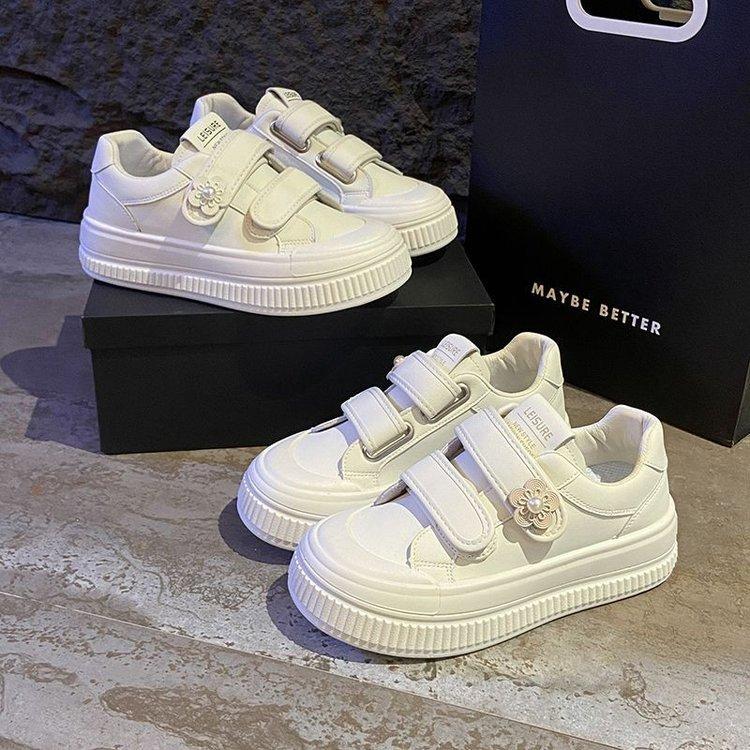 Thick-soled leather surface spring new Velcro flat-soled student shoes casual sports board shoes