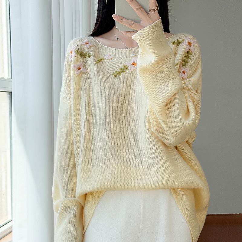 Blue Off-Shoulder 3D Flower Wool Sweater for Women