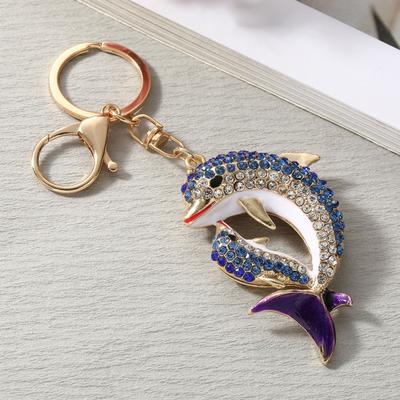 Keychain Pendant Rhinestones Inlaid Mother Child Dolphin Design Key Chain with Anti-Oxidation Lobster Clasp Decorative Backpack Accessory