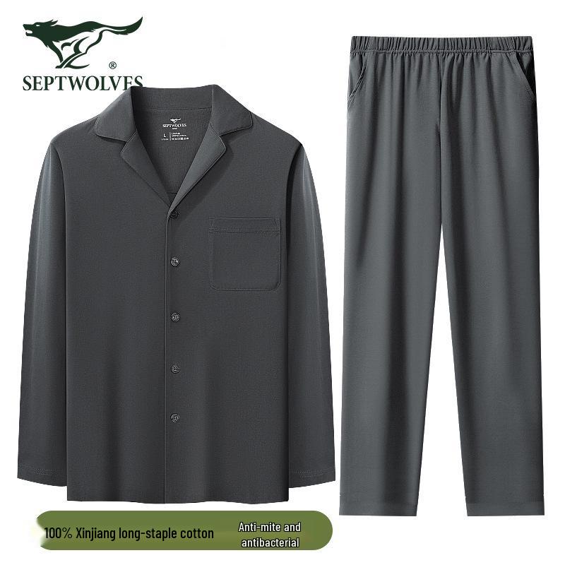 Pánské pyžamo Septwolves z čisté bavlny, jednobarevné, s dlouhým rukávem a rozepínáním vpředu