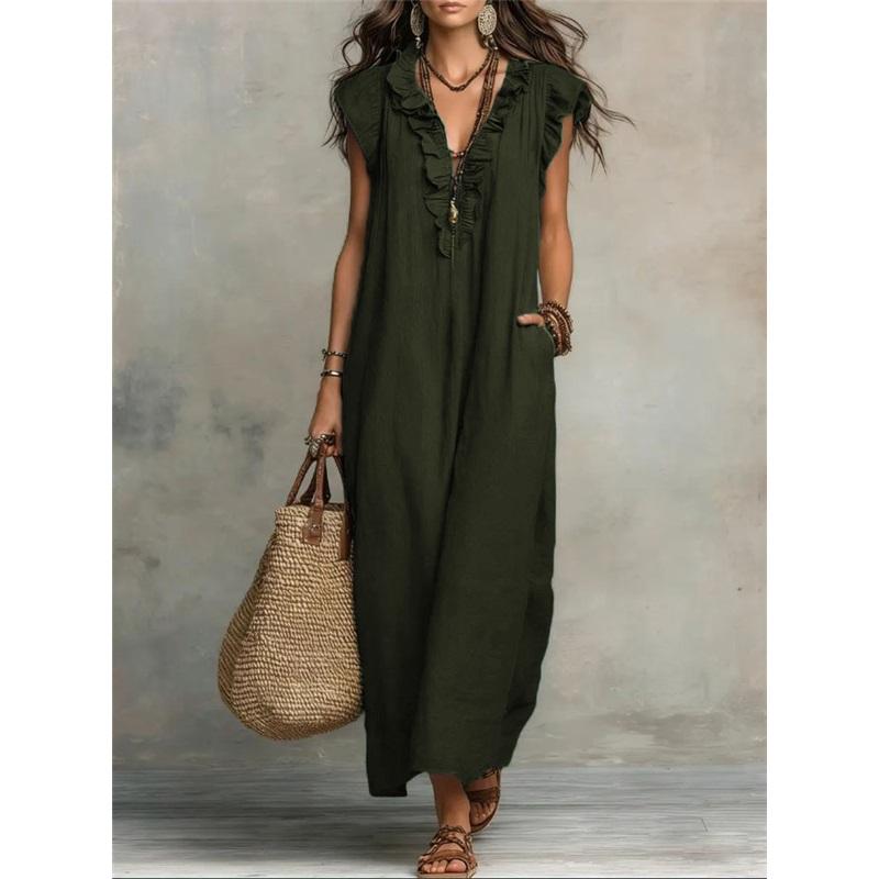 Women Ruffle V Neck Sleeveless Linen Maxi Dress Loose Casual Long Dress With Pockets Summer Beach Dress