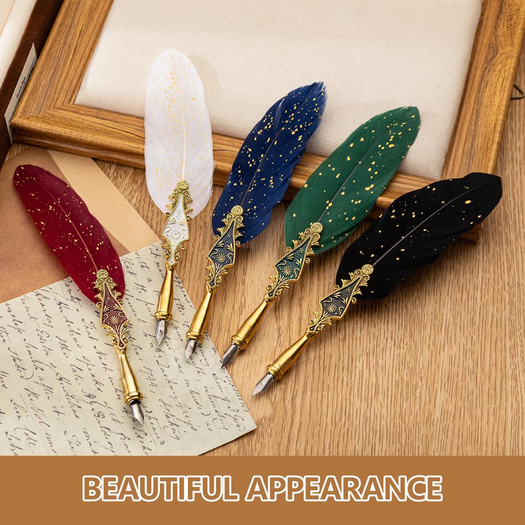 Antique Quill Pen with 5 Replaceable Nibs Calligraphy Dip Pen for Beginner Kid Adult Writing Drawing Art Illustraions