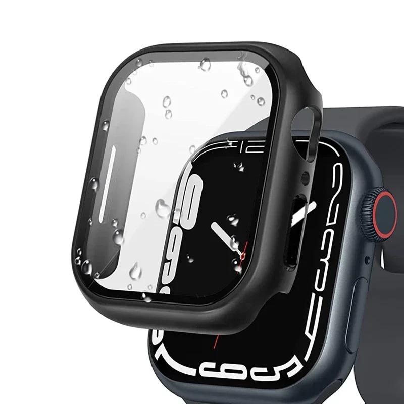 

PC Colorful Watch Case Built-in Tempered Glass for Apple Watch 45mm 40mm 44mm 41mm IWatch Series 9 8 7 6 SE 5 Coverage Cover 45mm чорний