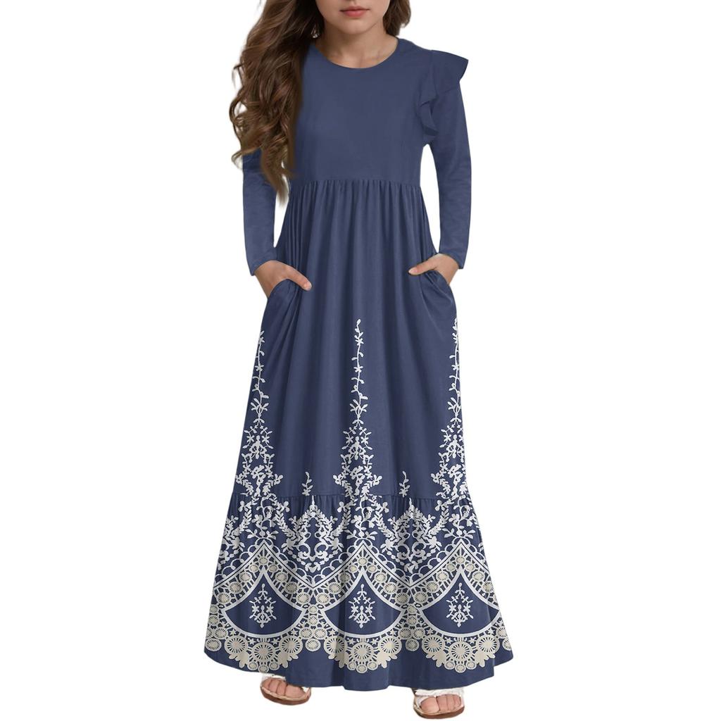 Girls' Tiered Ruffle Dress - Long Sleeve Printed Maxi With Pockets