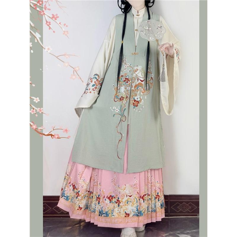 Women's Ming Dynasty Hanfu Set - Traditional Chinese Stand Collar Long Shirt, Embroidered Vest & Floral Mamian Skirt For Cosplay Festival