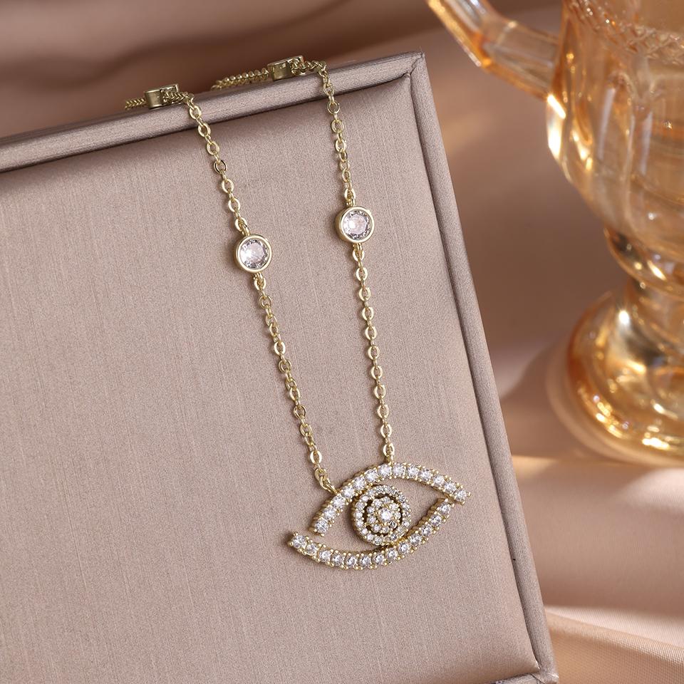 ZAKOL Fashion Aesthetic Evil Eye Zircon Inlaid Pendant Necklaces Buling CZ Clavicle Chain Engagement Wedding Zircon Collar