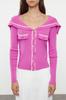 Women's Fashion Stylish Cardigan Pink Color Block Turn-down Collar Knitwear Cardigan