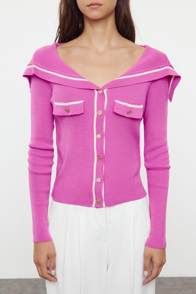 Women's Fashion Stylish Cardigan Pink Color Block Turn-down Collar Knitwear Cardigan