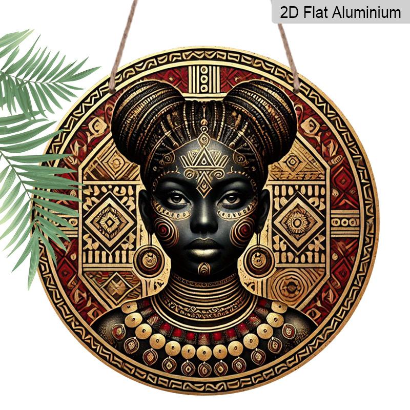 2D Flat 1pc African Tribal Woman Round Metal Sign, 8x8 in, Printed Aluminium Wall Art, Rustic Farmhouse Door Decor for Home, Room, Street, Shop