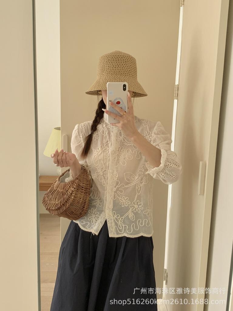 Elegant Women's Lace Crochet Stand Collar Shirt - Early Spring Slim Fit, Long Sleeve Design