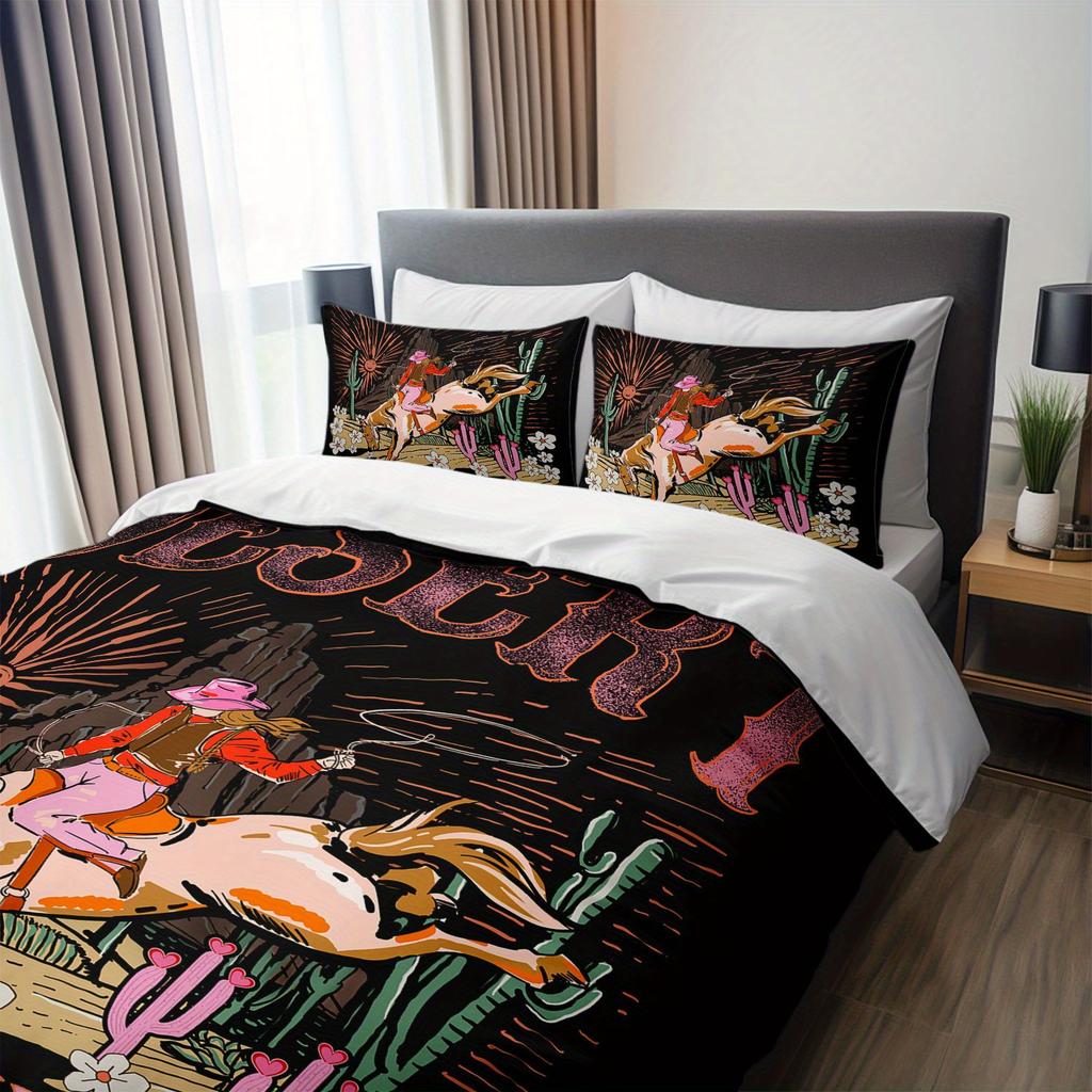 3Pcs Cowgirl Wild West Bedding Duvet Cover Set Wild West Bedding Quilt Set Bohemian Themed Bed Quilt Set Vintage Cowgirl