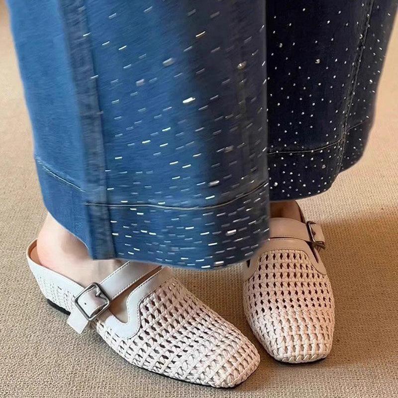 Women's Fashion Hollow Woven Slope Heel Muller Shoes Belt Buckle Design Breathable Half Slippers Comfortable Sandals