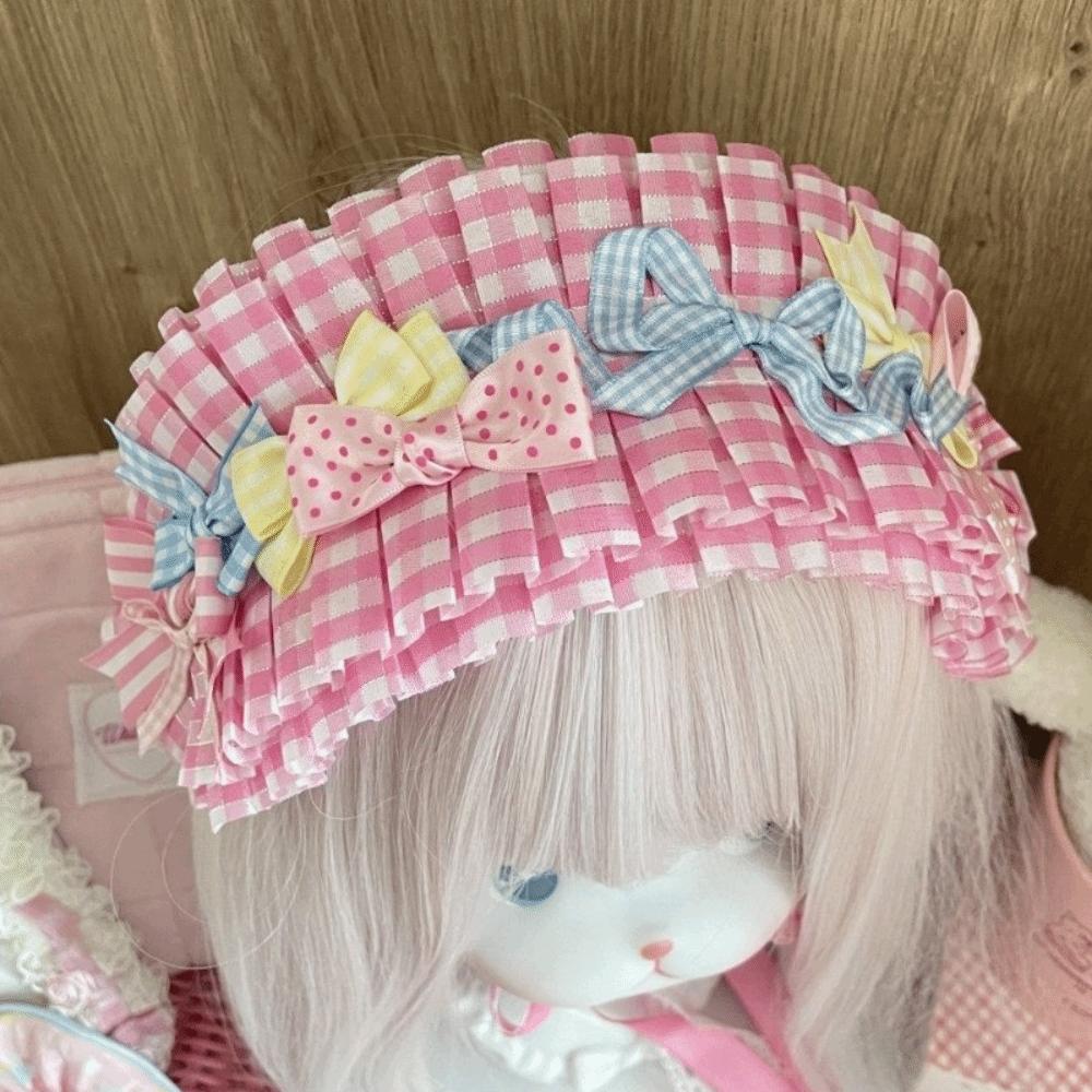 Imitation Pearl Pink Plaid Headband Vintage Lolita Hair Band Lace Bow Hair Accessory Women Girls Style A