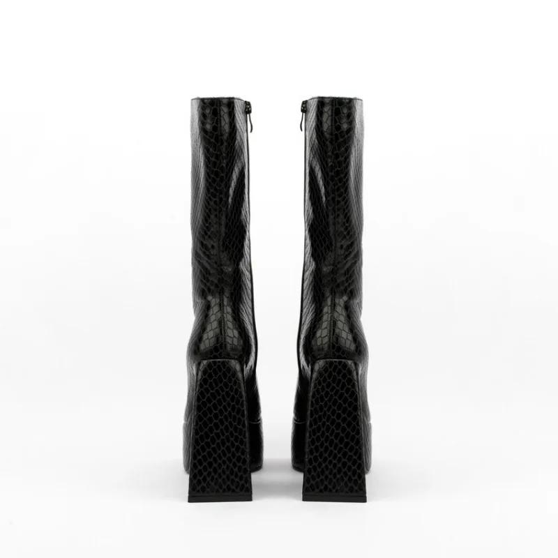 Fashion New Stone Pattern Side Zipper Thick Heel Mid-calf Boots Women Square Headed Waterproof platform Short Plush Winter Boots Size 45