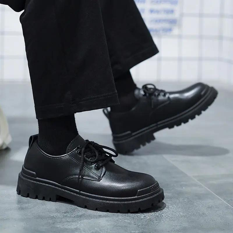 Fashion Lace Up Leather Shoes for Men Platform Round Toe Thick Sole Shipping Free New In Man Casual Shoe Legitimate 2024 Trend Low Price