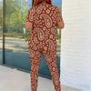 Women Plus Size Brown Printed Two Piece Set Round Neck Short Sleeve Top Long Pants