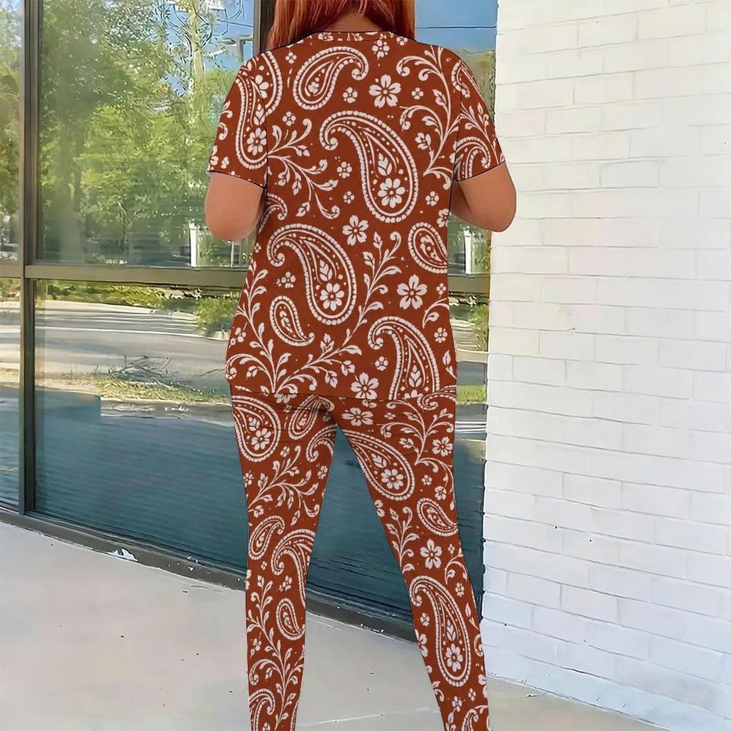 Women Plus Size Brown Printed Two Piece Set Round Neck Short Sleeve Top Long Pants