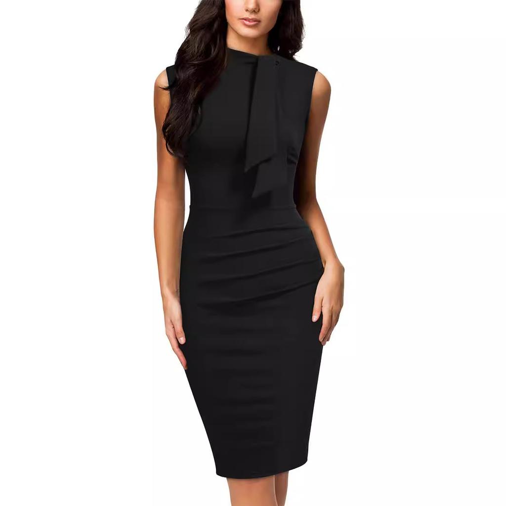 Women's Sleeveless Mock Neck Bow Tie Ruched Bodycon Pencil Midi Dress Business Office Work Cocktail Formal Party Dress