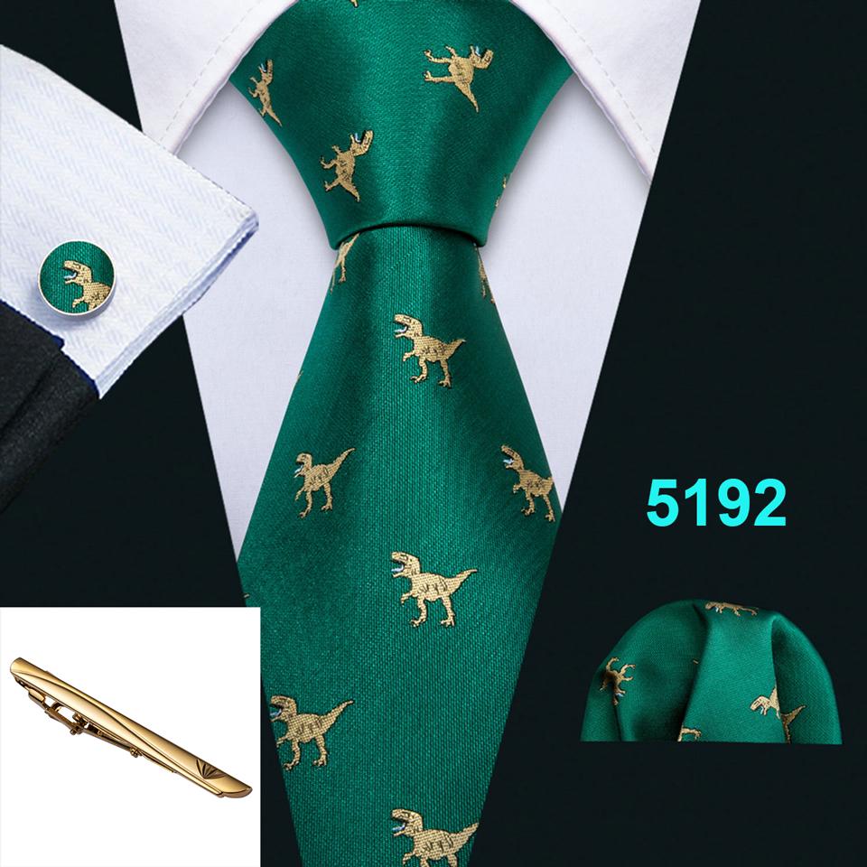 Barry.Wang Green Ties for Men Novelty Dinosaur Silk Necktie Hanky Cufflinks Gold Tie Clip Set
