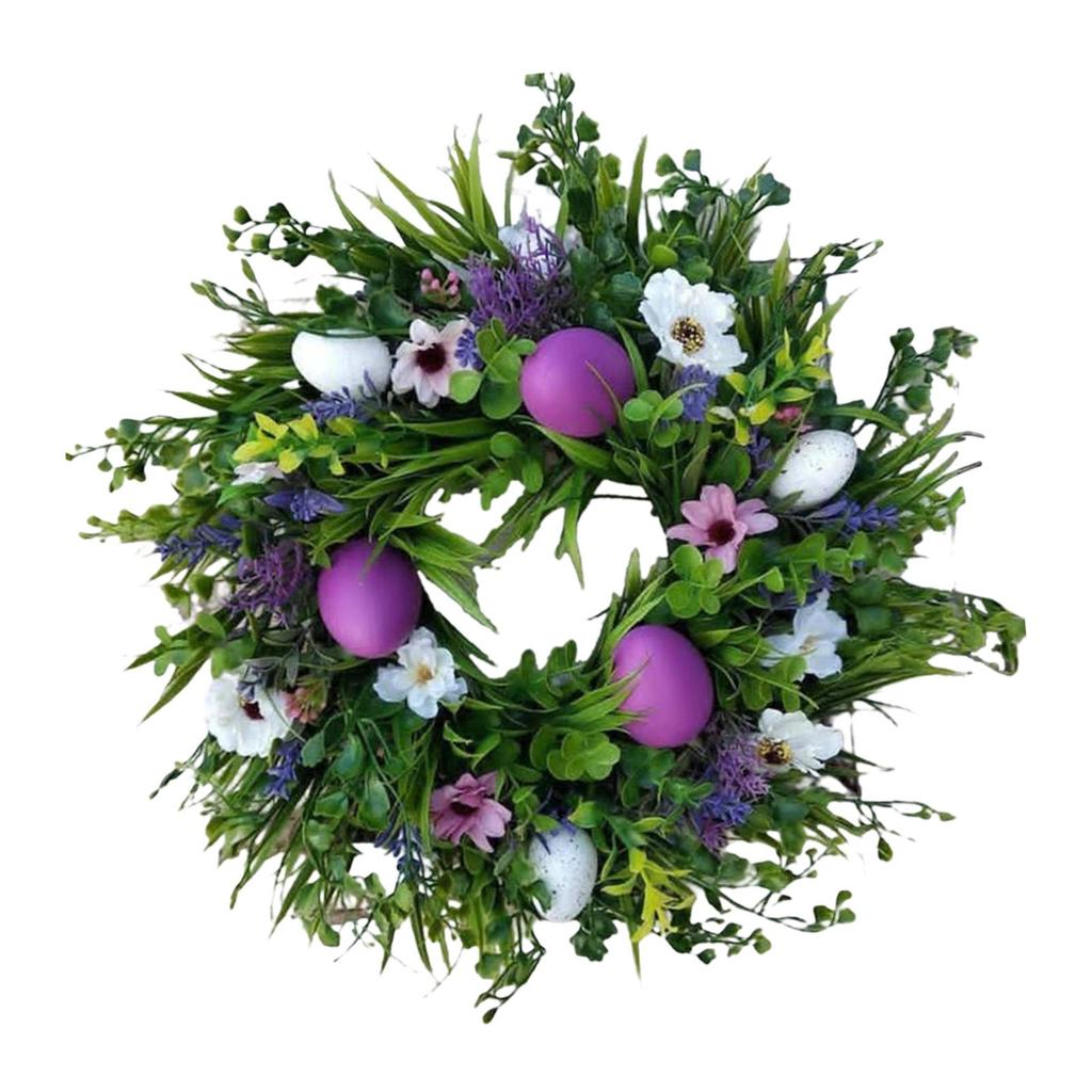 Easter Wreath with Pastel Eggs Front Door Wall Hanging Artificial Green Leaves Garland for Party Holiday Home Garden Decoration