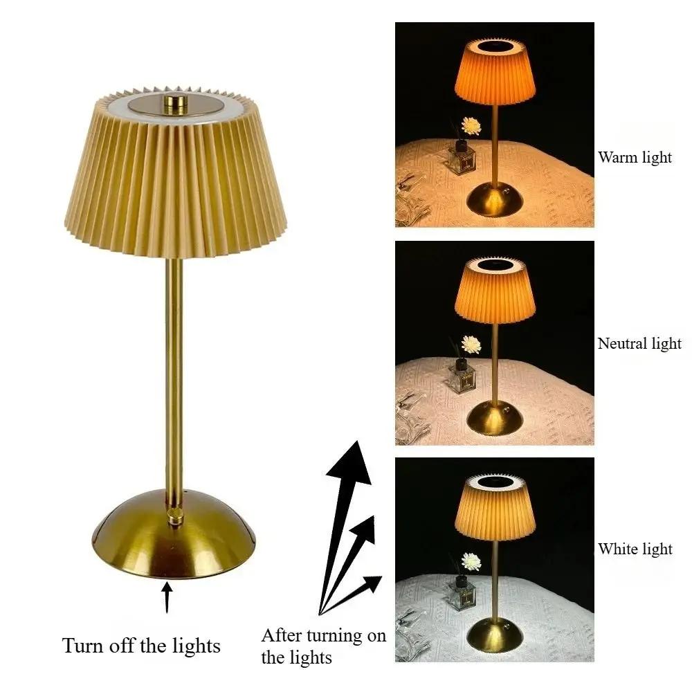 3 Color Lights Small Pleated Table Lamp Touch Control Stepless Dimmable Desk Ambient Light Fabric Shade Cordless